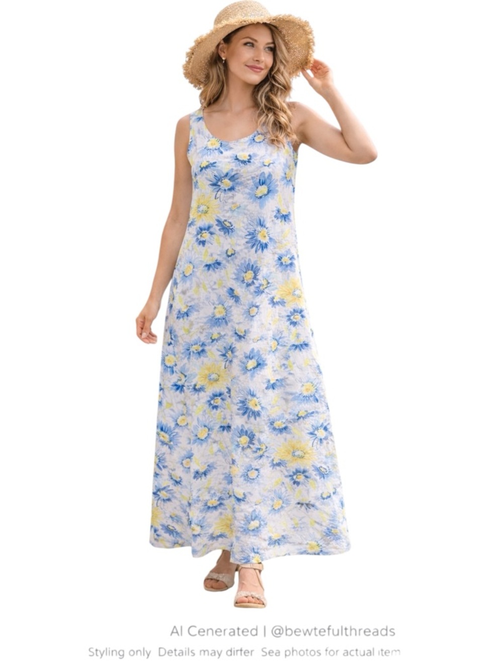 Coastal Cottagecore Floral Linen Maxi Dress Blue Yellow Sleeveless Sz 16